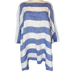 Banana Blue Linen Striped Tunic Top Small Oversized Lagenlook Resort Wear